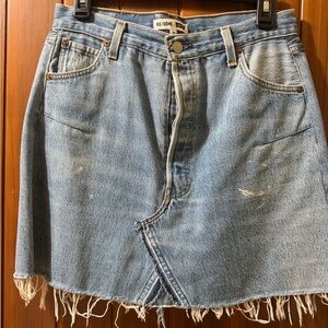 Re/Done Distressed Blue Denim Mini Skirt